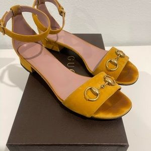 Gucci Women's Mustard Suede Horsebit Ankle
Strap Sandals Size 38